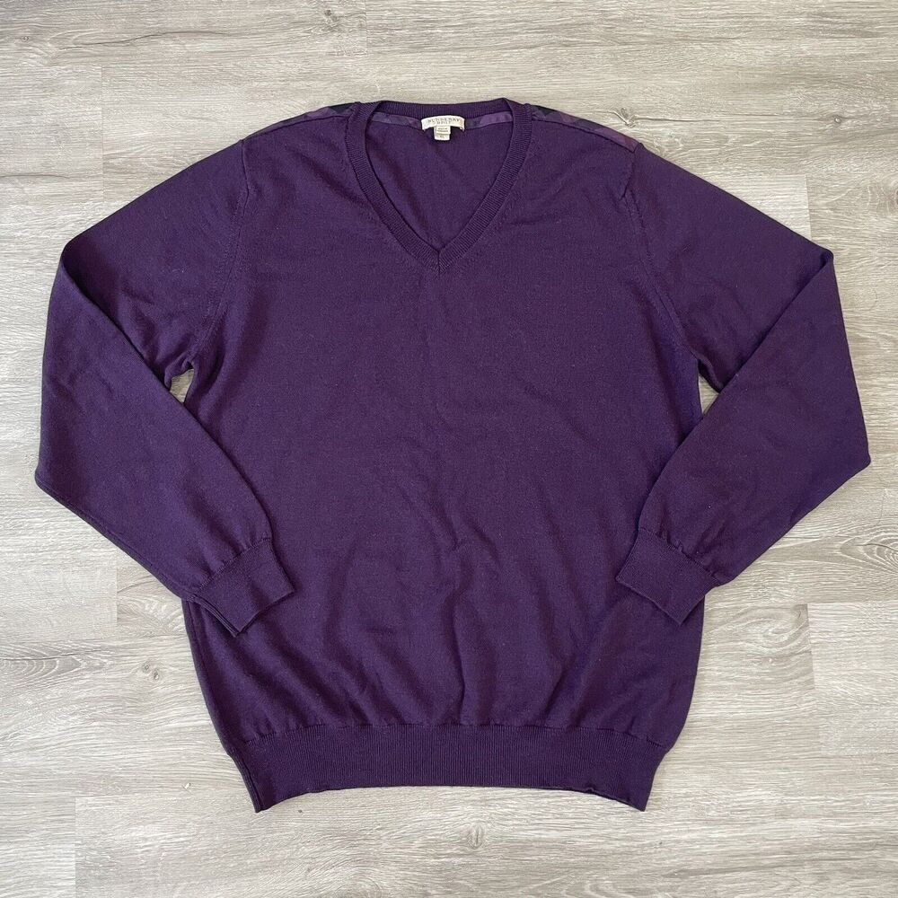 Burberry Brit Mens Nova Check Merino Wool Knit V-Neck Sweater Purple Size XL